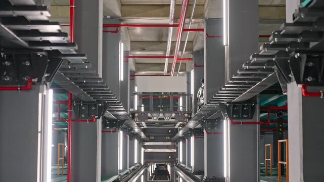 A central transport shuttle carrying a vehicle through the main corridor of an automated robotic parking system, featuring rail tracks, platforms, sensors, and modern industrial infrastructure.