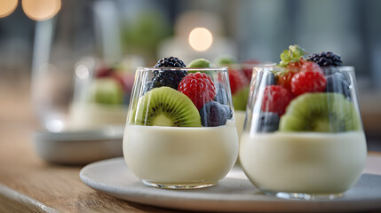 Creamy vanilla pudding with mixed berries in glass cups