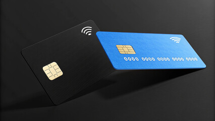 Modern fintech illustration of two contactless credit cards in motion. Clean debit card mockup for online banking and digital wallet advertising