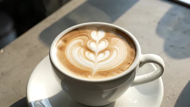 Close-up of a latte with intricate latte art in a white cup and saucer bathed in warm morning sunlight evoking feelings of comfort and indulgence
