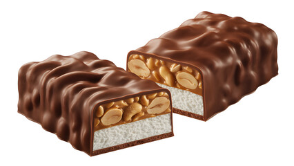 Chocolate covered candy bars with peanut and coconut filling isolated on transparent background