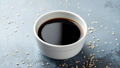 A white ceramic ramekin filled with dark liquid sits on a gray surface, surrounded by scattered black and white sesame seeds, with wooden bowls of seeds in the background creating a culinary compositi