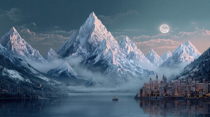 Full moon over snow capped mountain landscape with lake and ship next to fairytale castle city for nature fantasy or winter travel background.