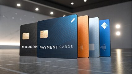 Row of modern payment cards standing on a reflective floor in a luxury lounge. Diverse collection of vertical bank cards with Modern Payment Cards text