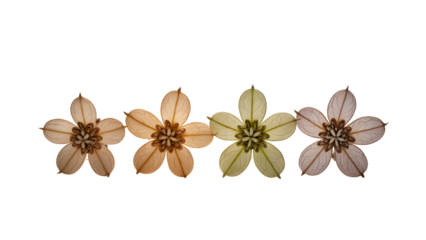 Four dried flowers in a row on transparent background