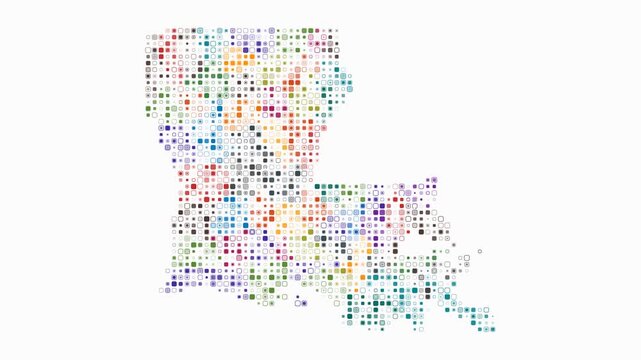 Louisiana animated shape. Pulsating colored dots on the map of the state. Small size rounded square blocks. Digital style Louisiana map on white background. Abstract animation video.