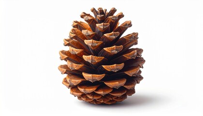 A single brown pine cone with symmetrical, outward-curving scales placed against a plain white background, showcasing natural texture and geometry in a clean, minimal botanical composition.