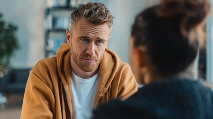 Man in casual attire offers thoughtful advice to a woman, showcasing emotional connection in a modern interior with soft lighting and blurred background