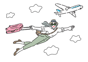 アクティブシニア 女性 旅行 イラスト コピースペース 横長 A判比率