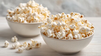 Airy minimalist commercial food photo featuring bowls of popcorn, showcasing high fidelity textures and inviting ambiance for culinary enthusiasts
