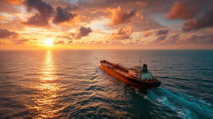 Fototapeta premium Oil tanker ship sailing on ocean water at sunset. Industrial concept of marine transportation, fossil fuel delivery, global trade.