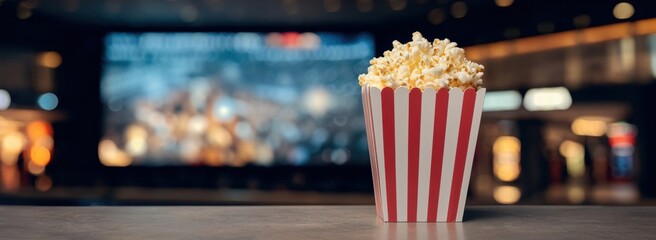 Editorial style photo of popcorn in a classic striped cinema container, showcasing high fidelity details and vibrant colors in a cinematic atmosphere