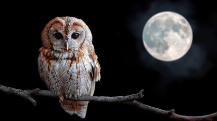 Brown and white owl sitting on a branch against a dark night sky with a full moon. Nature and wildlife concept.