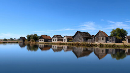 Fototapeta premium Scenic panoramic view of charming old wooden homes reflecting on calm water under a bright blue sky in a serene landscape