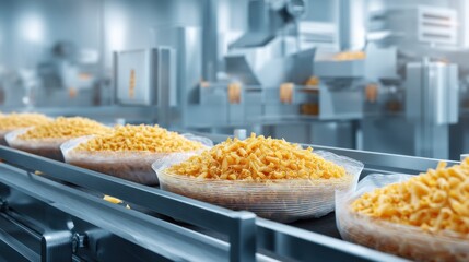 Uncooked pasta on a conveyer belt in a modern factory. Food production line for industrial manufacturing of pasta.