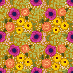 Seamless repeating pattern with bright garden flowers, suitable for summer textiles, fashion prints, wallpaper, stationery, packaging, wrapping paper and decorative surface design.