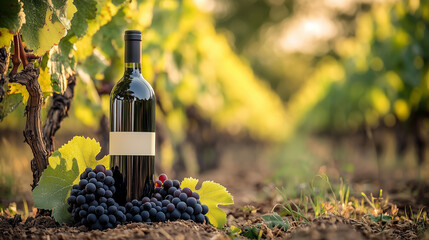Bottle of red wine with blank label standing among ripe grapes in vineyard at sunset. Winemaking, harvest season, luxury alcohol and winery branding concept.