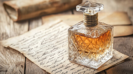 Elegant crystal perfume bottle on handwritten letters. Luxury fragrance, vintage style, romance and premium product concept.