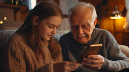 Elderly man and young girl looking at smartphone together in cozy living room. Family connection, technology learning and warm lifestyle moment.
