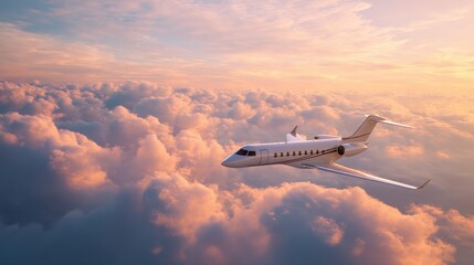 Fototapeta premium White private jet flying above clouds at sunset. Luxury travel and executive lifestyle concept for aeronautical business and adventure.