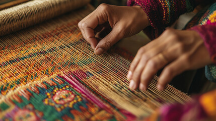 Close-up of hands weaving colorful fabric on loom. Traditional craft, handmade textile and cultural heritage concept.