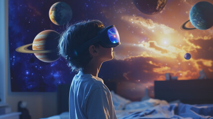 Young child wearing VR headset exploring virtual space environment. Virtual reality, imagination and future technology concept.