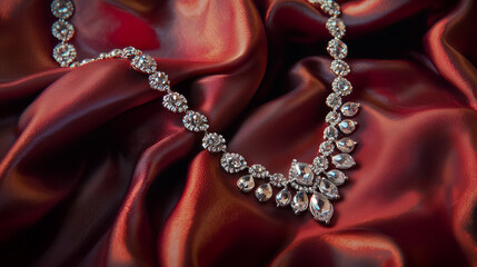 Luxury diamond necklace displayed on red silk fabric. Elegant jewelry, glamour, fashion accessory and premium product presentation concept.