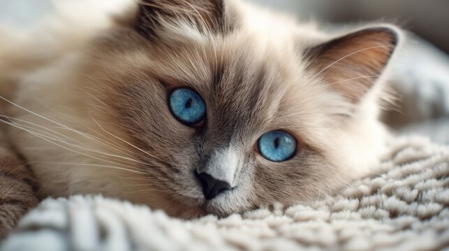 Close up of a cat with brilliant blue eyes resting on a cozy blanket. Domestic pet animal portrait for love and comfort concept.