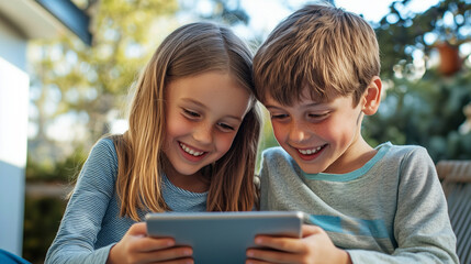 Boy and girl smiling while using tablet together outdoors. Digital childhood, friendship and modern learning concept.