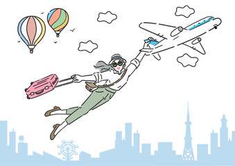 アクティブシニア 女性 旅行 イラスト コピースペース 横長 A判比率