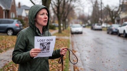 Anxious woman in a raincoat holding a lost dog flyer and leash while searching for her pet on a rainy suburban street.