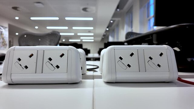 Close-up of white UK plug sockets on a desk in an empty modern office space highlighting electrical outlets for power supply and connectivity.