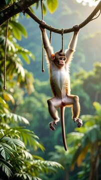 Young monkey hanging upside down from a vine in lush tropical jungle setting with sunlight streaming through trees, creating a peaceful scene.