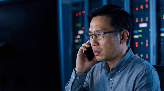 Focused Asian IT professional wearing glasses on a phone call, handling a cybersecurity emergency in a dark server room. - Powered by Adobe