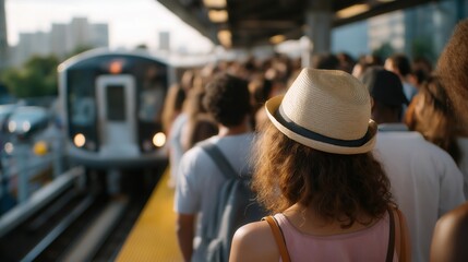 Crowded train platform with diverse people waiting for arrival, loud atmosphere, constant movement, urban transport hub, daily routine pressure and modern city survival concept cinematic color