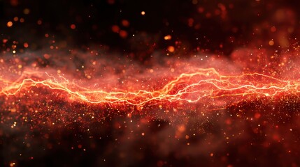 Horizontal red and orange electric current with bright sparks. Abstract energy stream. Power, technology, or science background for presentation.