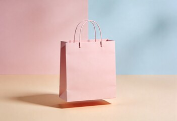 Levitating pink shopping bag mockup on pastel pink and blue split background