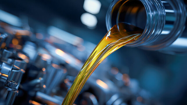Amber engine oil being poured from a container onto a metallic car engine part in a close-up view depicting automotive maintenance and lubricant flow