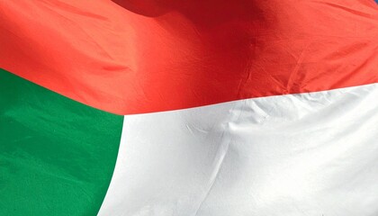 A flag with a vertical white band on the hoist side and horizontal red and green bands on the fly side waves on a pole against a white background, symbolizing Madagascar’s national identity.