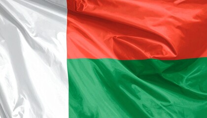 Obraz premium A flag with a vertical white band on the hoist side and horizontal red and green bands on the fly side waves on a pole against a white background, symbolizing Madagascar’s national identity.