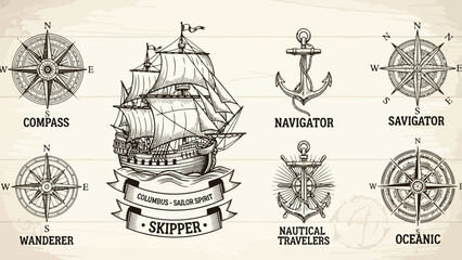 Vintage nautical illustration featuring a sailing ship compasses and maritime elements