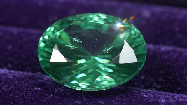 A Green Demantoid Garnet with a Faceted Cut Against Velvet