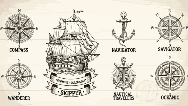 Vintage nautical illustration featuring a sailing ship compasses and maritime elements