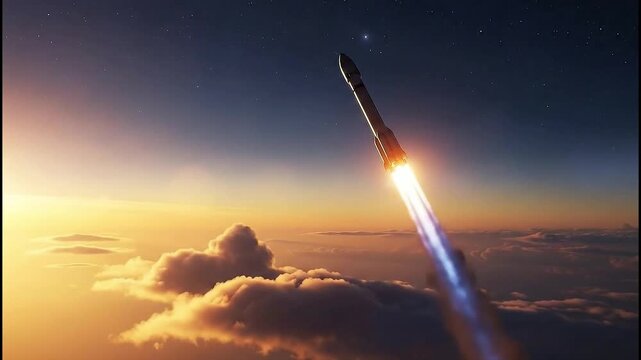 Rocket launching into the sky. Nuclear powered rocket. War missile. Space rocket. Vector illustration. Rocket ship. Spacecraft. Sunset background. Clouds. Sky.