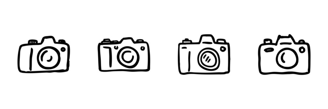 Camera Line Icon Set In Doodle Style. Photography Equipment And Digital Imaging Tools Outline Sketch Collection. Hand Drawn Isolated Vector Illustration