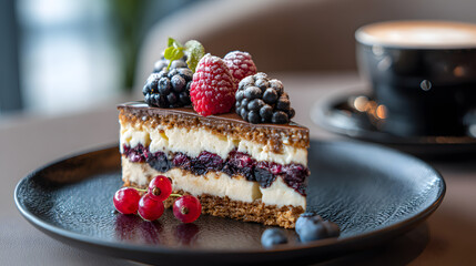 layered berry cream cake with chocolate glaze and coffee on dark plate