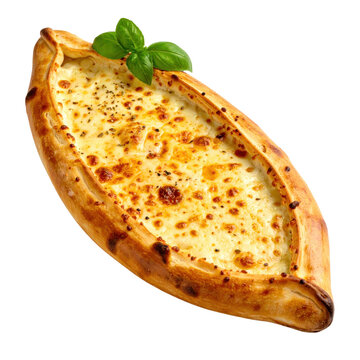 Freshly baked turkish pide with gooey cheese, isolated on white background, perfect for food blogging and menu design