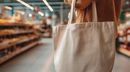 Woman holding textile reusable bag in supermarket. Sustainable shopping concept with eco friendly tote for mockups. Zero waste lifestyle.