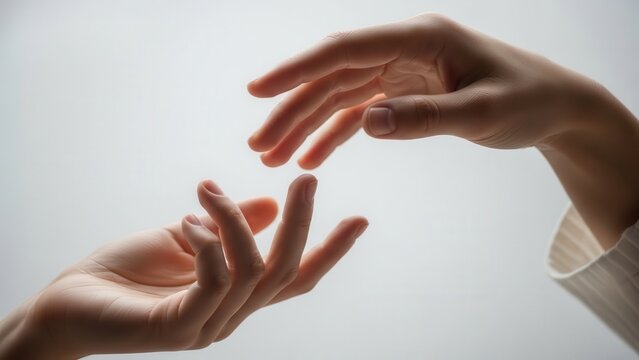 Minimal close-up of two human hands reaching toward each other, representing trust, communication, and emotional connection in a clean commercial style