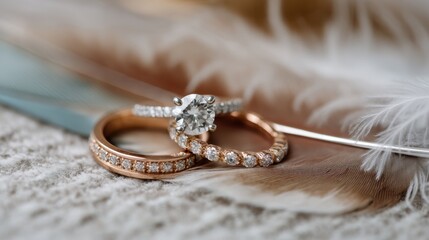 Gold and silver wedding rings with diamonds on a delicate feather. Symbol of proposal and engagement, love and commitment.